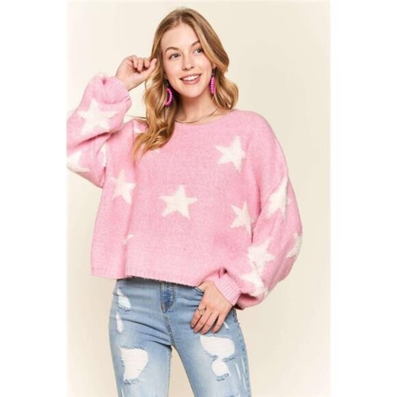 ADORA‎ Full Size Star Contrast Round Neck Sweater Plus Size - Picture 4 of 5